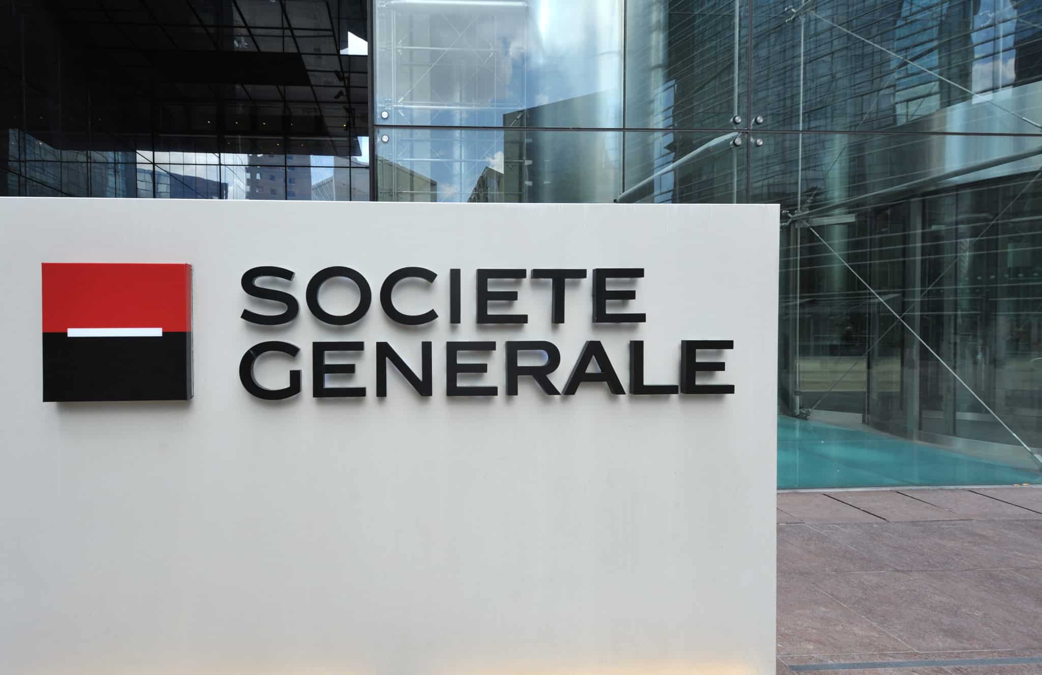 Groupe Societe Generale logo in front of headquarters building Global